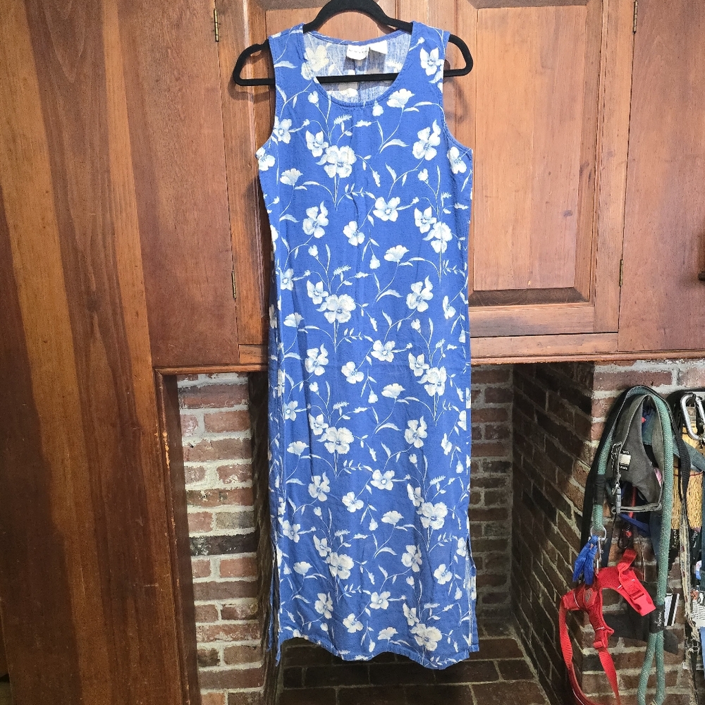 Vintage Blue and White Floral Linen Blend Dress by JR Bentley - Size 10